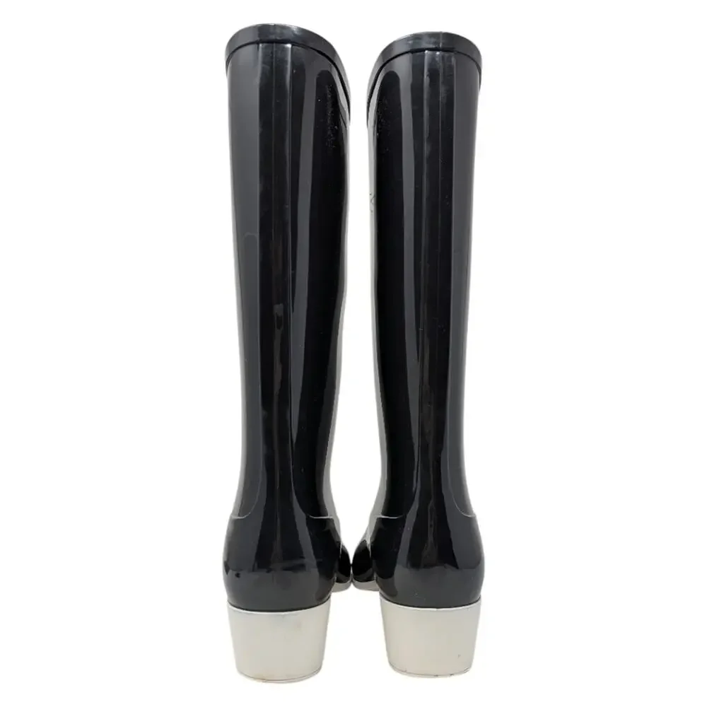 Chanel Rain Boots CC Logo Cap Toe Waterproof Knee Height Glossy Black 41 | 10.5